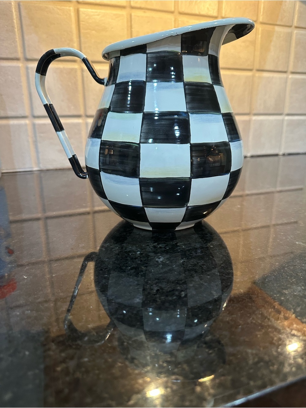 MacKenzie-Childs Courtly Check Handpainted enamel Black and White water Pitcher